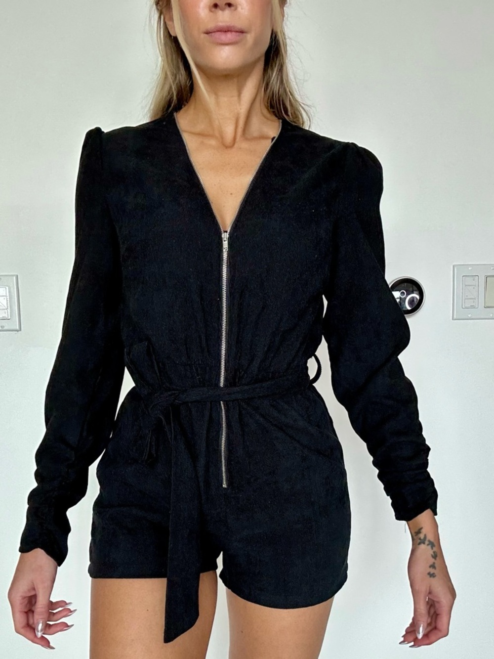 Black Long-Sleeve Zip Romper with Tie Waist